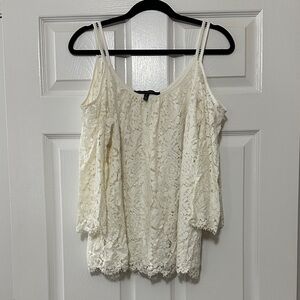 White House Black Market Cream Lace Cold Shoulder Blouse